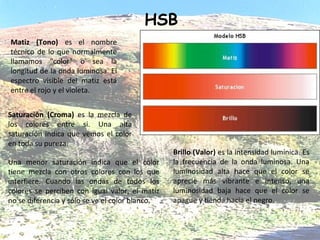 HSB Matiz (Tono)  es el nombre técnico de lo que normalmente llamamos "color" o sea la longitud de la onda luminosa. El espectro visible del matiz está entre el rojo y el violeta. Brillo (Valor)  es la intensidad lumínica. Es la frecuencia de la onda luminosa. Una luminosidad alta hace que el color se aprecie más vibrante e intenso, una luminosidad baja hace que el color se apague y tienda hacia el negro. Saturación (Croma)  es la mezcla de los colores entre si. Una alta saturación indica que vemos el color en toda su pureza. Una menor saturación indica que el color tiene mezcla con otros colores con los que interfiere. Cuando las ondas de todos los colores se perciben con igual valor, el matiz no se diferencia y sólo se ve el color blanco. 