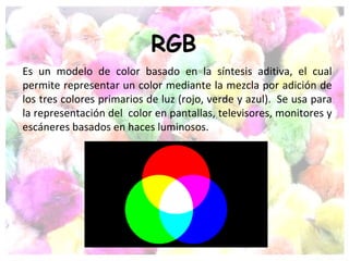 RGB   Es un modelo de color basado en la síntesis aditiva, el cual permite representar un color mediante la mezcla por adición de los tres colores primarios de luz (rojo, verde y azul).  Se usa para la representación del  color en pantallas, televisores, monitores y escáneres basados en haces luminosos. 