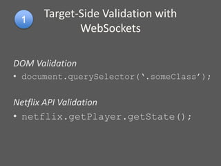DOM Validation
• document.querySelector(‘.someClass’);
Netflix API Validation
• netflix.getPlayer.getState();
Target-Side Validation with
WebSockets
 