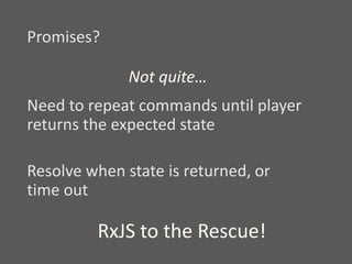 Promises?
Not quite…
Need to repeat commands until player
returns the expected state
Resolve when state is returned, or
time out
RxJS to the Rescue!
 
