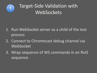 Target-Side Validation with
WebSockets
1. Run WebSocket server as a child of the test
process
2. Connect to Chromecast debug channel via
WebSocket
3. Wrap sequence of WS commands in an RxJS
sequence.
 