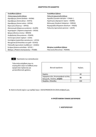 ΑΝΑΡΤΗΤΕΑ ΣΤΟ ΔΙΑΔΙΚΤΥΟ
Ευαίσθητα ζιζάνια:
Ετήσια αγρωστώδη ζιζάνια:
Αγριοβρώμη (Avena barbata – AVEBA)
Αγριοβρώμη (Avena fatua – AVEFA)
Αγριοβρώμη (Avena sativa – AVESA)
Άγριο ρύζι (Oryza sp. – ORYSS)
Aλεπονουρά (Alopecurus pratensis – ALOPR)
Αιµατόχορτο (Digitaria sanguinalis – DIGSA)
Βρόμος (Bromus erectus – BROER)
Λειβαδοπόα (Poa pratensis – POAPR)
Λεπτή ήρα (Lolium rigidum – LOLRI)
Λεπτόχλοα (Leptochloa caerulescens – LEFCA)
Μουχρίτσα (Echinochloa crus-galli – ECHCG)
Πολύανθη ήρα (Lolium multiflorum – LOLMU)
Σετάρια (Setaria verticillata – SETVE )
Φάλαρη (Phalaris brachystachys – PHABR)
Ευαίσθητα ζιζάνια:
Πολυετή αγρωστώδη ζιζάνια:
Αγριάδα (Cynodon dactylon – CYNDA )
Αγρόπυρος (Agropyron repens – AGRRE)
Βέλιουρας (Sorghum halepense – SORHA)
Νεραγριάδα (Paspalum distichum – PASDS)
Πολυετής ήρα (Lolium perenne – LOLPE)
Μετρίως ευαίσθητα ζιζάνια:
Πόα κοινή (Poa annua – POAAN)
13 Προστασία των καταναλωτών
Τελευταία επέμβαση πριν τη
συγκομιδή ή πριν τη διάθεση στην
αγορά όταν πρόκειται για
μετασυλλεκτικές χρήσεις.
Φυτικά προϊόντα Ημέρες
Καρότο 40
Ζαχαρότευτλα ,Κτηνοτροφικά τεύτλα,
Κρεμμύδι, Πατάτα, σκόρδο
56
Βαμβάκι, Ηλίανθος 100
ΙΙ. Κατά τα λοιπά ισχύει η με αριθμό πρωτ. 10233/99269/20.03.2018 απόφασή μας.
Η ΠΡΟΪΣΤΑΜΕΝΗ ΓΕΝΙΚΗΣ ΔΙΕΥΘΥΝΣΗΣ
Γ. ΚΩΣΤΟΠΟΥΛΟΥ
ΑΔΑ: ΩΕΑΟ4653ΠΓ-ΖΘΙ
 