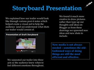 Storyboard Presentation
We explained how our trailer would look
like through various post-it notes which
helped create a visual aid to help the
audience (and us) understand what shots
our trailer would consist of.
We separated our trailer into three
acts so the audience knew when to
feel different emotions throughout.
We found it much more
creative to draw pictures
rather than type up our
thoughts and ideas on
Blogger as from these
drawings we spawned new
ideas and new shots to
include.
New media is not always
needed – sometimes the old-
fashioned ways of doing
things are still the most
efficient and effective.
 