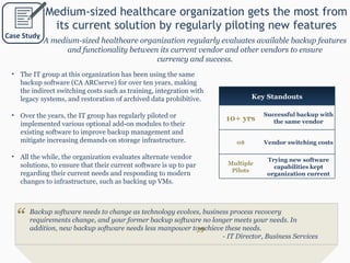 Medium-sized healthcare organization gets the most from its current solution by regularly piloting new features The IT group at this organization has been using the same backup software (CA ARCserve) for over ten years, making the indirect switching costs such as training, integration with legacy systems, and restoration of archived data prohibitive. Over the years, the IT group has regularly piloted or implemented various optional add-on modules to their existing software to improve backup management and mitigate increasing demands on storage infrastructure. All the while, the organization evaluates alternate vendor solutions, to ensure that their current software is up to par regarding their current needs and responding to modern changes to infrastructure, such as backing up VMs. A medium-sized healthcare organization regularly evaluates available backup features and functionality between its current vendor and other vendors to ensure currency and success. Info-Tech Research Group Key Standouts 10+ yrs Successful backup with the same vendor 0$ Vendor switching costs Multiple Pilots Trying new software capabilities kept organization current Case Study “ Backup software needs to change as technology evolves, business process recovery requirements change, and your former backup software no longer meets your needs. In addition, new backup software needs less manpower to achieve these needs.   - IT Director, Business Services ” 