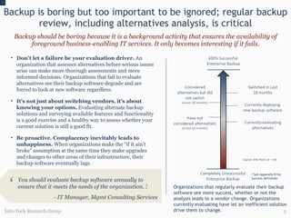 Backup is boring but too important to be ignored; regular backup review, including alternatives analysis, is critical Backup should be boring because it is a background activity that ensures the availability of foreground business-enabling IT services. It only becomes interesting if it fails. Organizations that regularly evaluate their backup software see more success, whether or not the analysis leads to a vendor change. Organizations currently evaluating have let an inefficient solution drive them to change. Don’t let a failure be your evaluation driver .   An organization that assesses alternatives before serious issues arise can make more thorough assessments and more informed decisions. Organizations that fail to evaluate alternatives see their backup software degrade and are forced to look at new software regardless. It’s not just about switching vendors, it’s about knowing your options.   Evaluating alternate backup solutions and surveying available features and functionality is a good exercise and a healthy way to assess whether your current solution is still a good fit. Be proactive. Complacency inevitably leads to unhappiness.  When organizations make the “if it ain’t broke” assumption at the same time they make upgrades and changes to other areas of their infrastructure, their backup software eventually lags.  Info-Tech Research Group See Appendix B for Success definition “ You should evaluate backup software annually to ensure that it meets the needs of the organization.   - IT Manager, Mgmt Consulting Services ” 