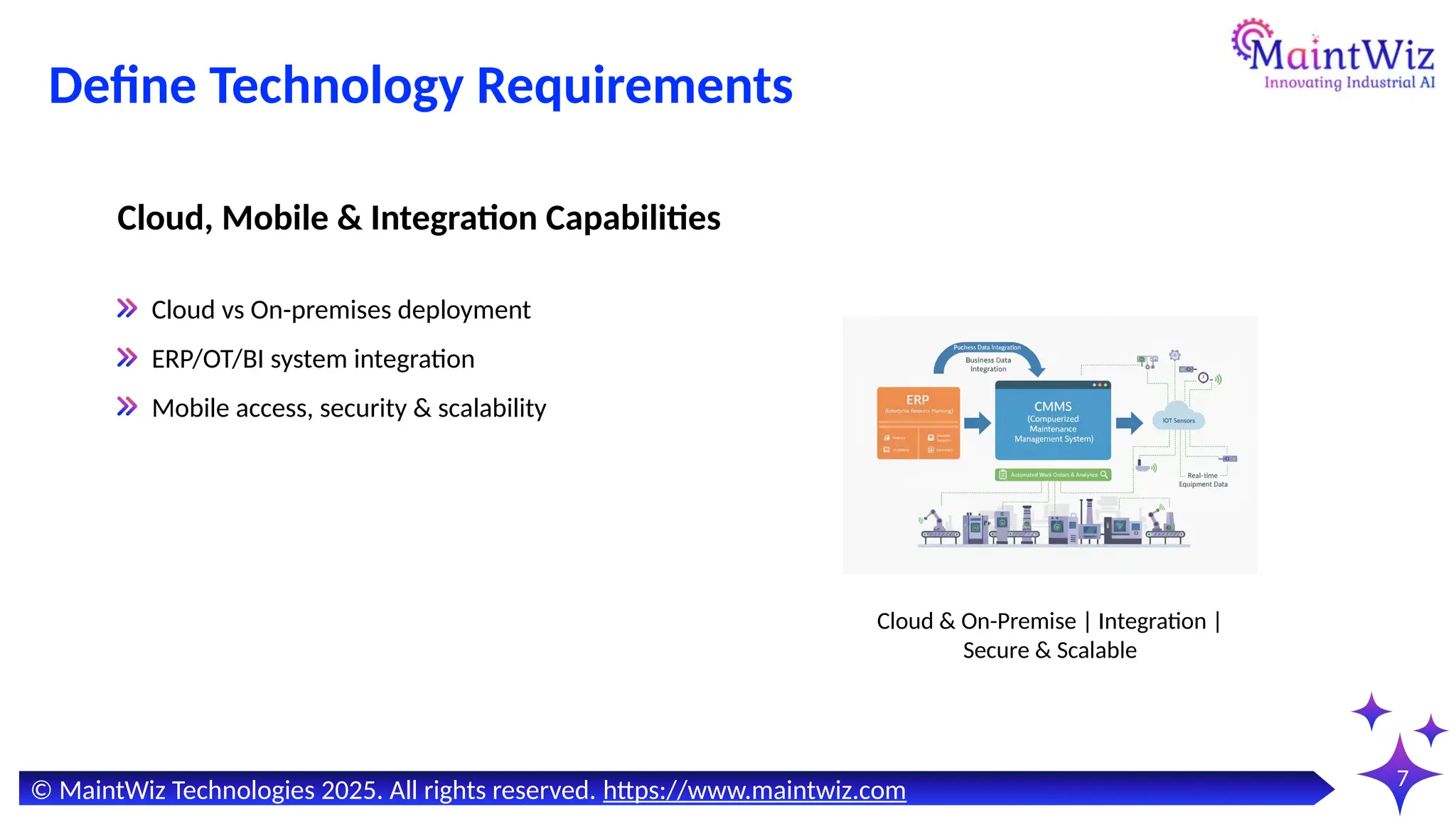 7
Define Technology Requirements
Cloud & On-Premise | Integration |
Secure & Scalable
Cloud vs On-premises deployment
ERP/OT/BI system integration
Mobile access, security & scalability
Cloud, Mobile & Integration Capabilities
© MaintWiz Technologies 2025. All rights reserved. https://www.maintwiz.com
 