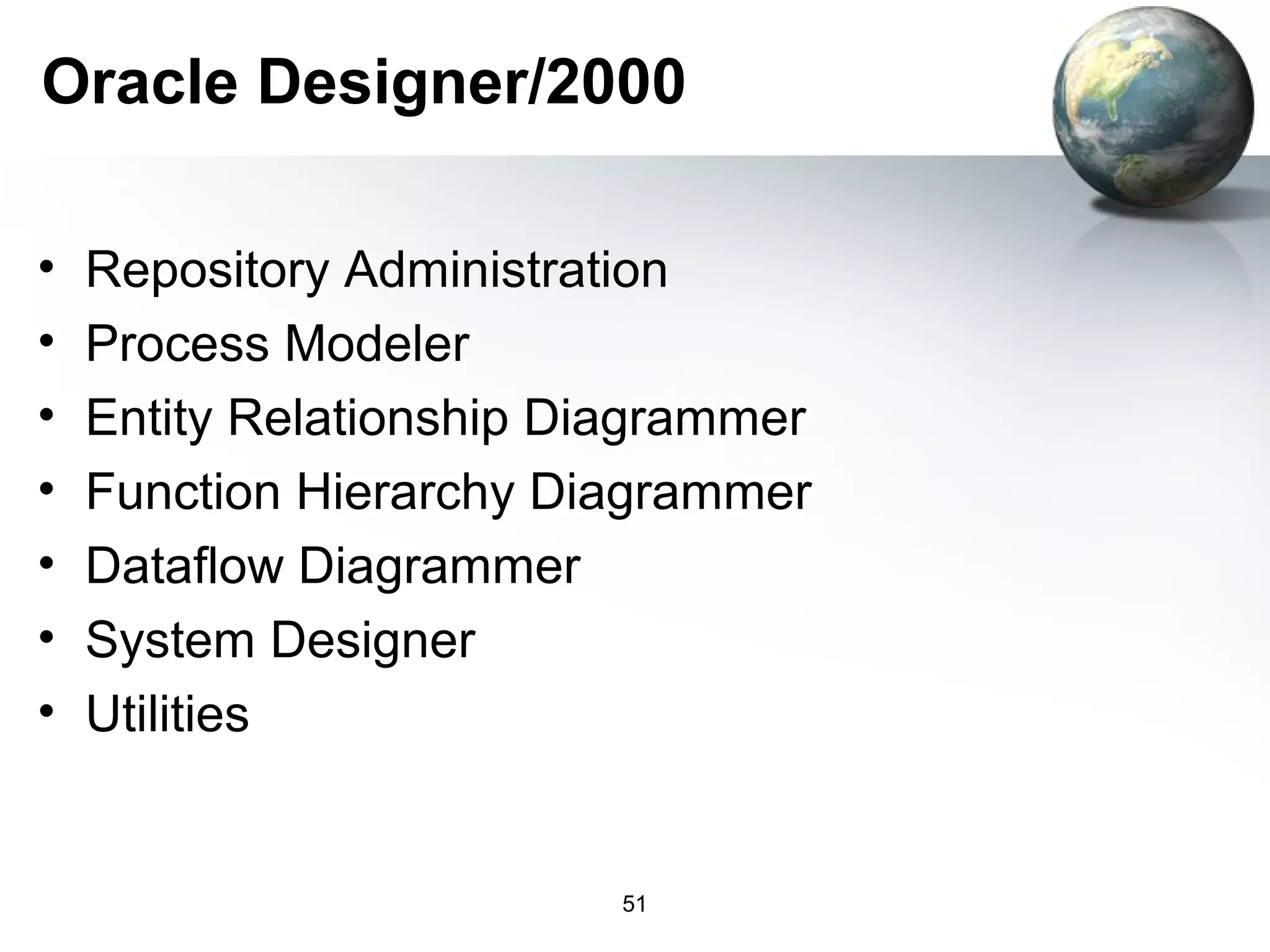 Oracle Designer/2000

•   Repository Administration
•   Process Modeler
•   Entity Relationship Diagrammer
•   Function Hierarchy Diagrammer
•   Dataflow Diagrammer
•   System Designer
•   Utilities


                          51
 
