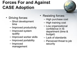 Forces For and Against
CASE Adoption
                              • Resisting forces:
 • Driving forces:              – High purchase cost
   – Short development          – High training cost
     time
                                – Low organizational
   – Improved productivity
                                  confidence in IS
   – Improved system              department (time &
     quality                      budget)
   – Improved worker skills     – Lack of standards
   – Improved portability       – Perceived threat to job
   – Improved                     security
     management
 