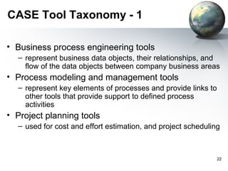 CASE Tool Taxonomy - 1

• Business process engineering tools
  – represent business data objects, their relationships, and
    flow of the data objects between company business areas
• Process modeling and management tools
  – represent key elements of processes and provide links to
    other tools that provide support to defined process
    activities
• Project planning tools
  – used for cost and effort estimation, and project scheduling



                                                               22
 