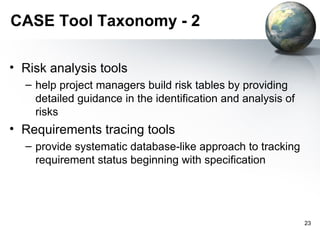 CASE Tool Taxonomy - 2

• Risk analysis tools
  – help project managers build risk tables by providing
    detailed guidance in the identification and analysis of
    risks
• Requirements tracing tools
  – provide systematic database-like approach to tracking
    requirement status beginning with specification




                                                              23
 