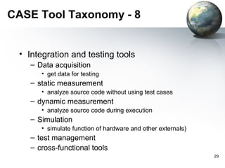 CASE Tool Taxonomy - 8


 • Integration and testing tools
    – Data acquisition
       • get data for testing
    – static measurement
       • analyze source code without using test cases
    – dynamic measurement
       • analyze source code during execution
    – Simulation
       • simulate function of hardware and other externals)
    – test management
    – cross-functional tools
                                                              29
 