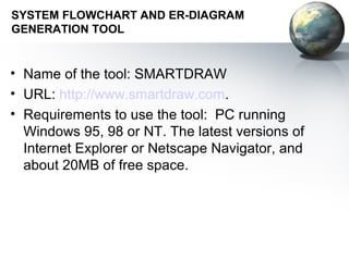 SYSTEM FLOWCHART AND ER-DIAGRAM
GENERATION TOOL


• Name of the tool: SMARTDRAW
• URL: http://www.smartdraw.com.
• Requirements to use the tool: PC running
  Windows 95, 98 or NT. The latest versions of
  Internet Explorer or Netscape Navigator, and
  about 20MB of free space.
 