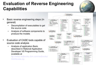 Evaluation of Reverse Engineering
Capabilities

•   Basic reverse engineering steps (in
    general)
    –   Decompilation of executables to get
        the source code
    –   Analysis of software components to
        produce the models

•   Evaluation of CASE tools capable of
    source code analysis
    –   Analysis of application Bank,
        described in Rational Application
        Developer V6 Programming Guide,
        available at
        ftp://www.redbooks.ibm.com/redbooks/SG246449
        /6449code.zip
 