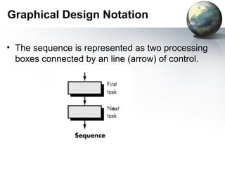 Graphical Design Notation

• The sequence is represented as two processing
  boxes connected by an line (arrow) of control.
 
