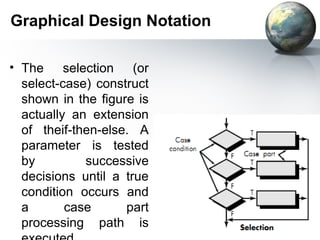 Graphical Design Notation

• The selection (or
  select-case) construct
  shown in the figure is
  actually an extension
  of theif-then-else. A
  parameter is tested
  by         successive
  decisions until a true
  condition occurs and
  a       case      part
  processing path is
 