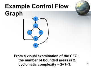 Example Control Flow
Graph
              1


              2


          3       4

              5


              6



  From a visual examination of the CFG:
    the number of bounded areas is 2.
                                          99
    cyclomatic complexity = 2+1=3.
 