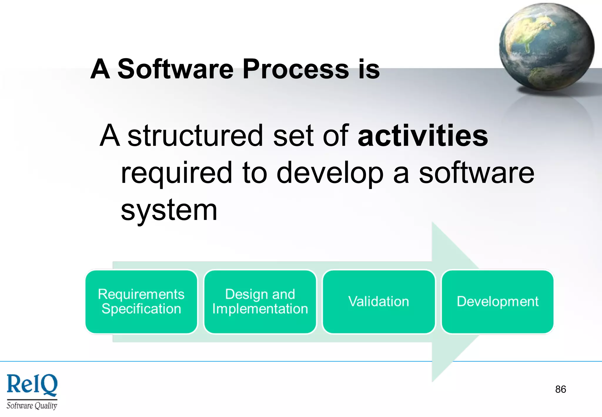 A Software Process is

A structured set of activities
 required to develop a software
 system




                                  86
 