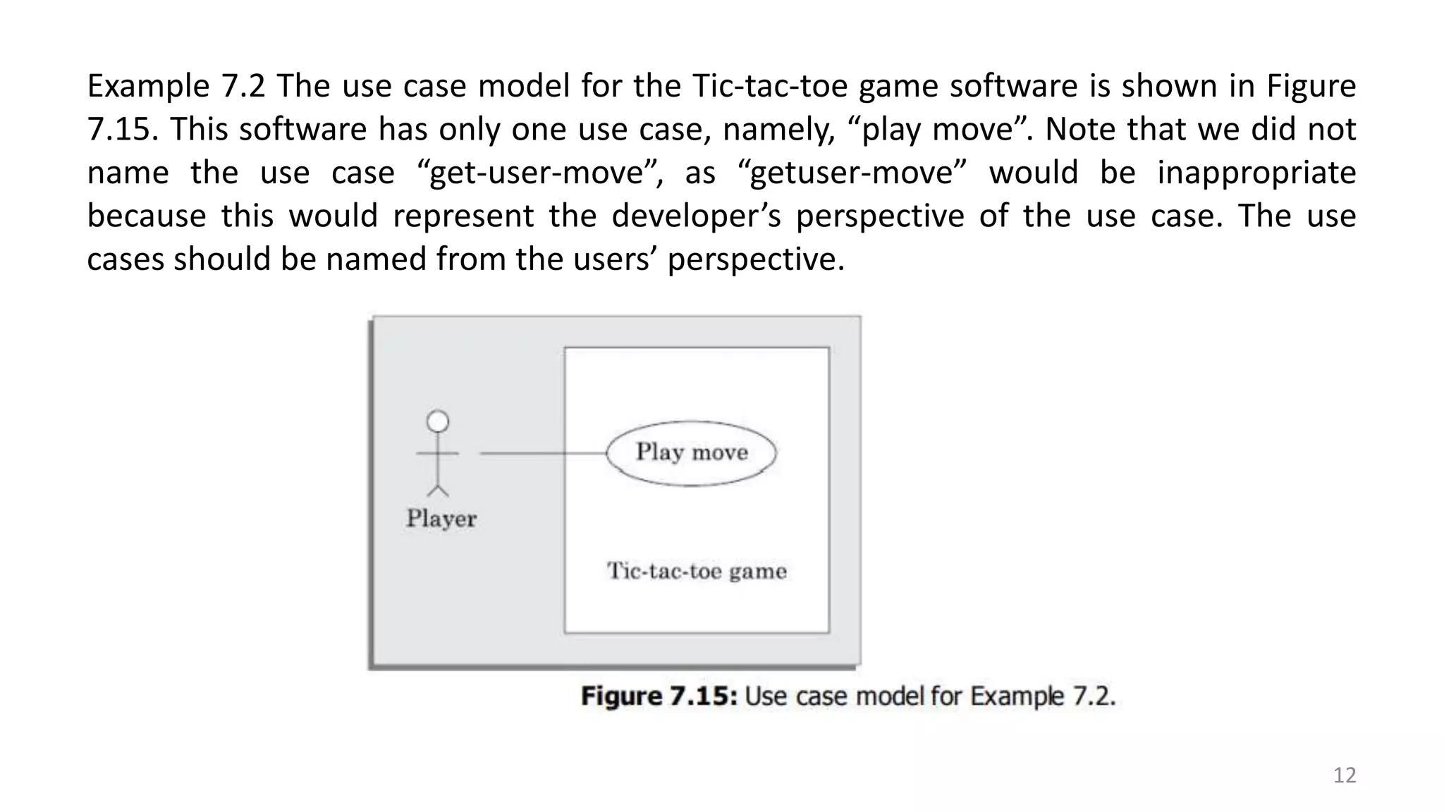 Example 7.2 The use case model for the Tic-tac-toe game software is shown in Figure
7.15. This software has only one use case, namely, “play move”. Note that we did not
name the use case “get-user-move”, as “getuser-move” would be inappropriate
because this would represent the developer’s perspective of the use case. The use
cases should be named from the users’ perspective.
12
 