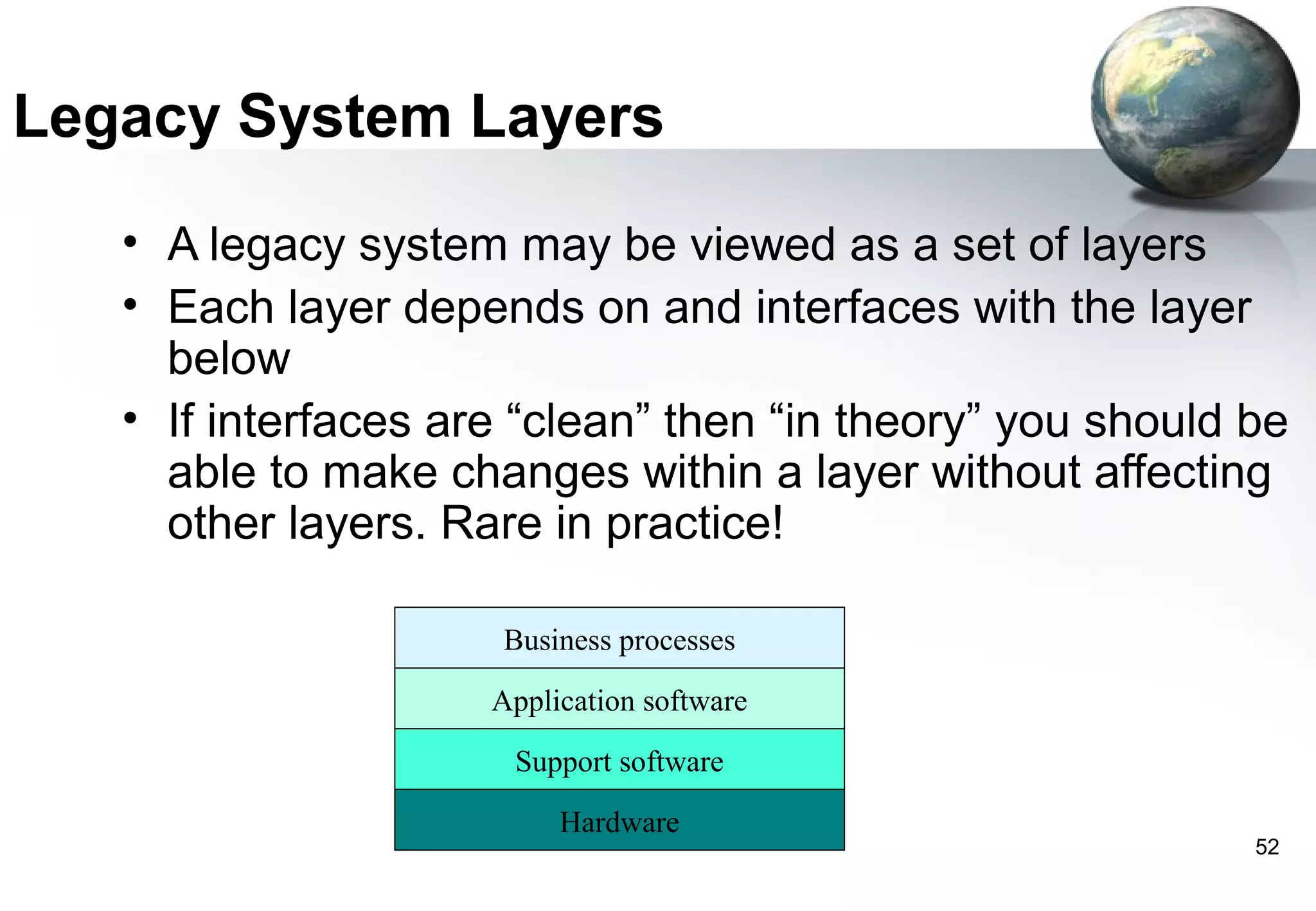Legacy System Layers
   • A legacy system may be viewed as a set of layers
   • Each layer depends on and interfaces with the layer
     below
   • If interfaces are “clean” then “in theory” you should be
     able to make changes within a layer without affecting
     other layers. Rare in practice!

                     Business processes

                     Application software

                      Support software

                          Hardware
                                                           52
 