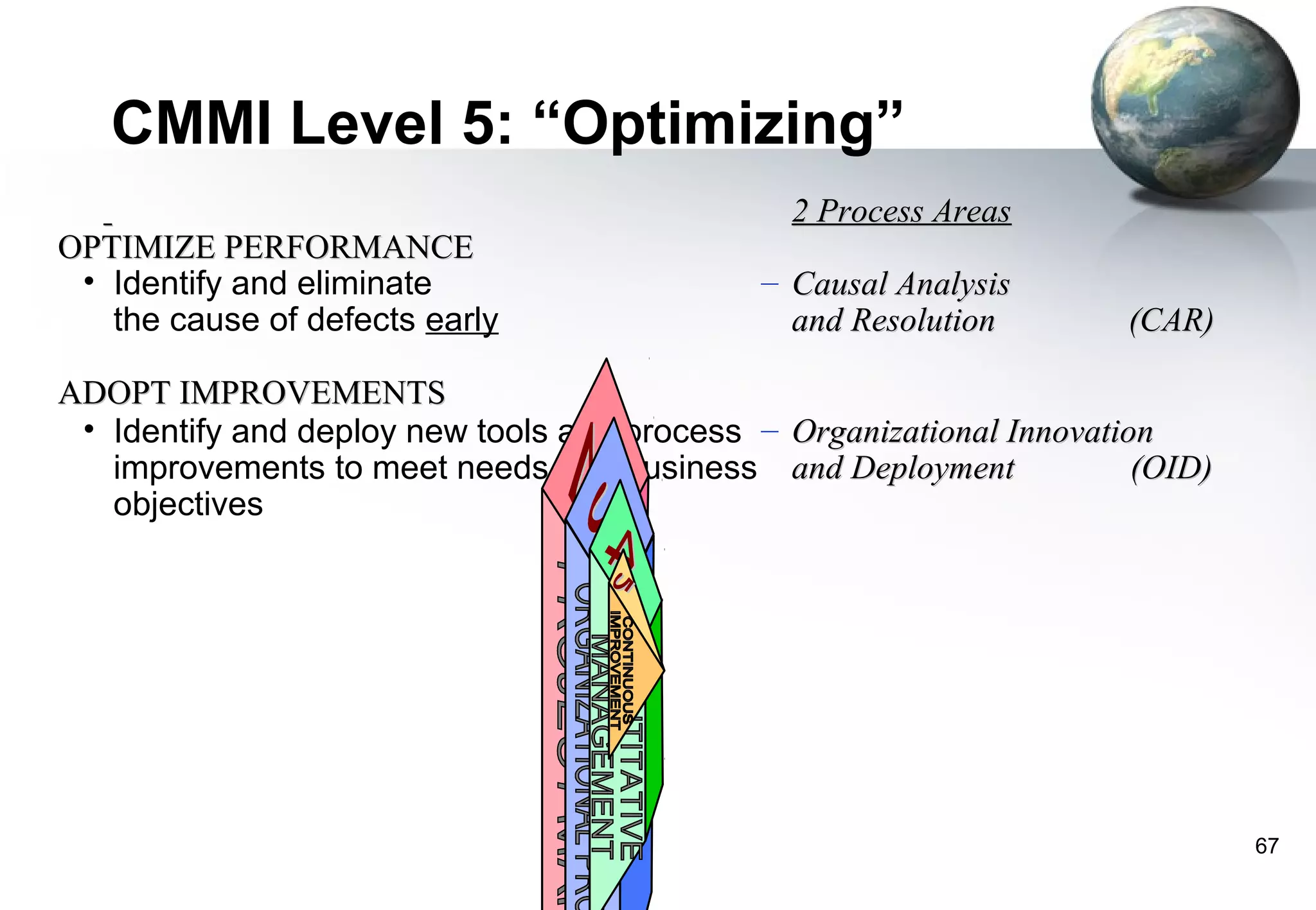 CMMI Level 5: “Optimizing”
                                                2 Process Areas
OPTIMIZE PERFORMANCE
 • Identify and eliminate                     – Causal Analysis
   the cause of defects early                   and Resolution        (CAR)

ADOPT IMPROVEMENTS
 • Identify and deploy new tools and process – Organizational Innovation
   improvements to meet needs and business and Deployment              (OID)
   objectives




                                                                               67
 