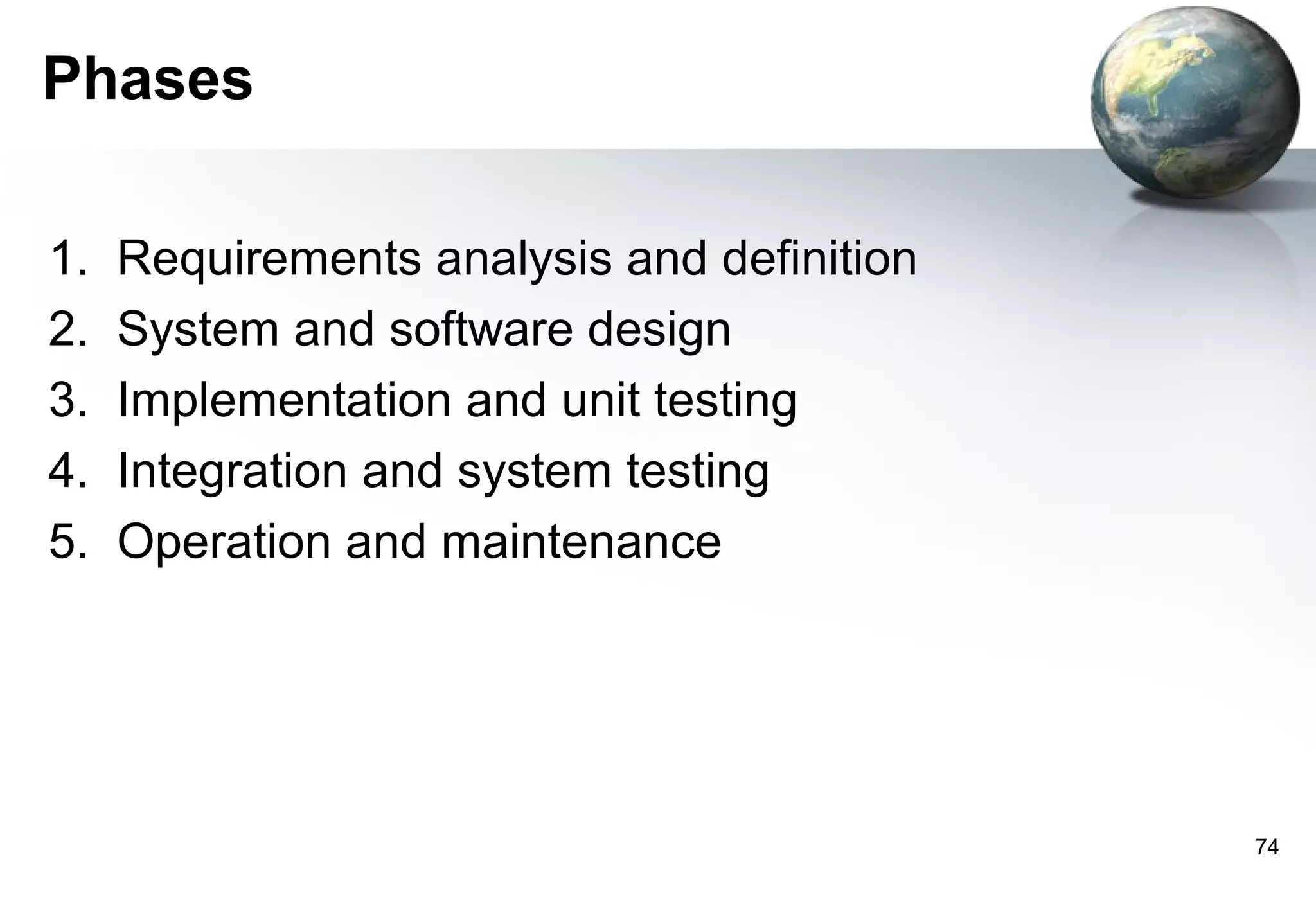Phases

1.   Requirements analysis and definition
2.   System and software design
3.   Implementation and unit testing
4.   Integration and system testing
5.   Operation and maintenance




                                            74
 