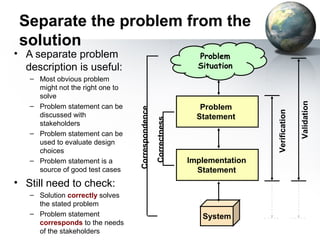 Separate the problem from the
 solution
• A separate problem                                               Problem
  description is useful:                                           Situation
   – Most obvious problem
     might not the right one to
     solve




                                                                                                 Validation
   – Problem statement can be                                       Problem



                                  Correspondence




                                                                                  Verification
     discussed with                                                Statement




                                                   Correctness
     stakeholders
   – Problem statement can be
     used to evaluate design
     choices
   – Problem statement is a                                      Implementation
     source of good test cases                                     Statement
• Still need to check:
   – Solution correctly solves
     the stated problem
   – Problem statement                                              System
     corresponds to the needs
     of the stakeholders
 