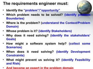 The requirements engineer must:
• Identify the “problem”/”opportunity”
• Which problem needs to be solved? (identify problem
  Boundaries)
• Where is the problem? (understand the Context/Problem
  Domain)
• Whose problem is it? (identify Stakeholders)
• Why does it need solving? (identify the stakeholders’
  Goals)
• How might a software system help? (collect some
  Scenarios)
• When does it need solving? (identify Development
  Constraints)
• What might prevent us solving it? (identify Feasibility
  and Risk)
• And become an expert in the problem domain
 