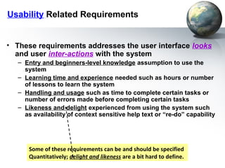 Usability Related Requirements


• These requirements addresses the user interface looks
  and user inter-actions with the system
   – Entry and beginners-level knowledge assumption to use the
     system
   – Learning time and experience needed such as hours or number
     of lessons to learn the system
   – Handling and usage such as time to complete certain tasks or
     number of errors made before completing certain tasks
   – Likeness and delight experienced from using the system such
     as availability of context sensitive help text or “re-do” capability




      Some of these requirements can be and should be specified
      Quantitatively; delight and likeness are a bit hard to define.
 