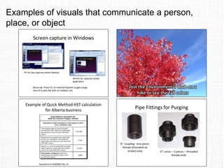 Examples of visuals that communicate a person,
place, or object
 