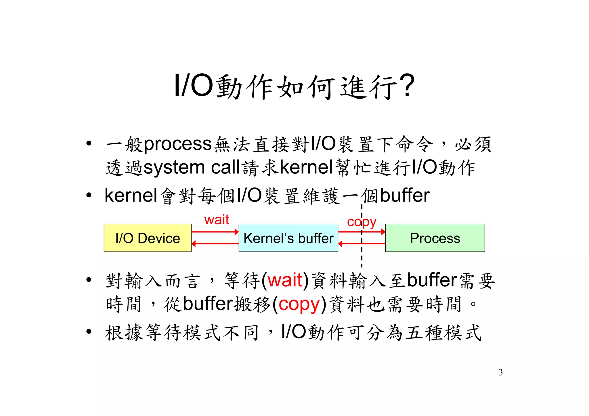 I/O動作如何進行?
•一般process無法直接對I/O裝置下命令，必須
 透過system call請求kernel幫忙進行I/O動作
•kernel會對每個I/O裝置維護一個buffer
               wait                   copy
  I/O Device          Kernel’buffer
                            s                Process


•對輸入而言，等待(wait)資料輸入至buffer需要
 時間，從buffer搬移(copy)資料也需要時間。
•根據等待模式不同，I/O動作可分為五種模式
                                                       3
 