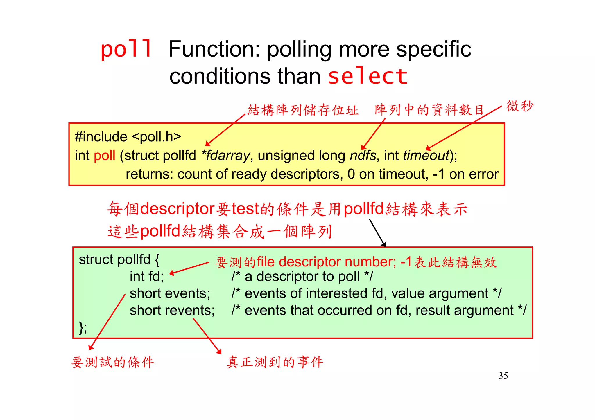 poll Function: polling more specific
         conditions than select
                             結構陣列儲存位址 陣列中的資料數目                             微秒

#include <poll.h>
int poll (struct pollfd *fdarray, unsigned long ndfs, int timeout);
          returns: count of ready descriptors, 0 on timeout, -1 on error

     每個descriptor要test的條件是用pollfd結構來表示
     這些pollfd結構集合成一個陣列
struct pollfd {        要測的file descriptor number; -1表此結構無效
         int fd;        /* a descriptor to poll */
         short events; /* events of interested fd, value argument */
         short revents; /* events that occurred on fd, result argument */
};

要測試的條件                   真正測到的事件
                                                                       35
 