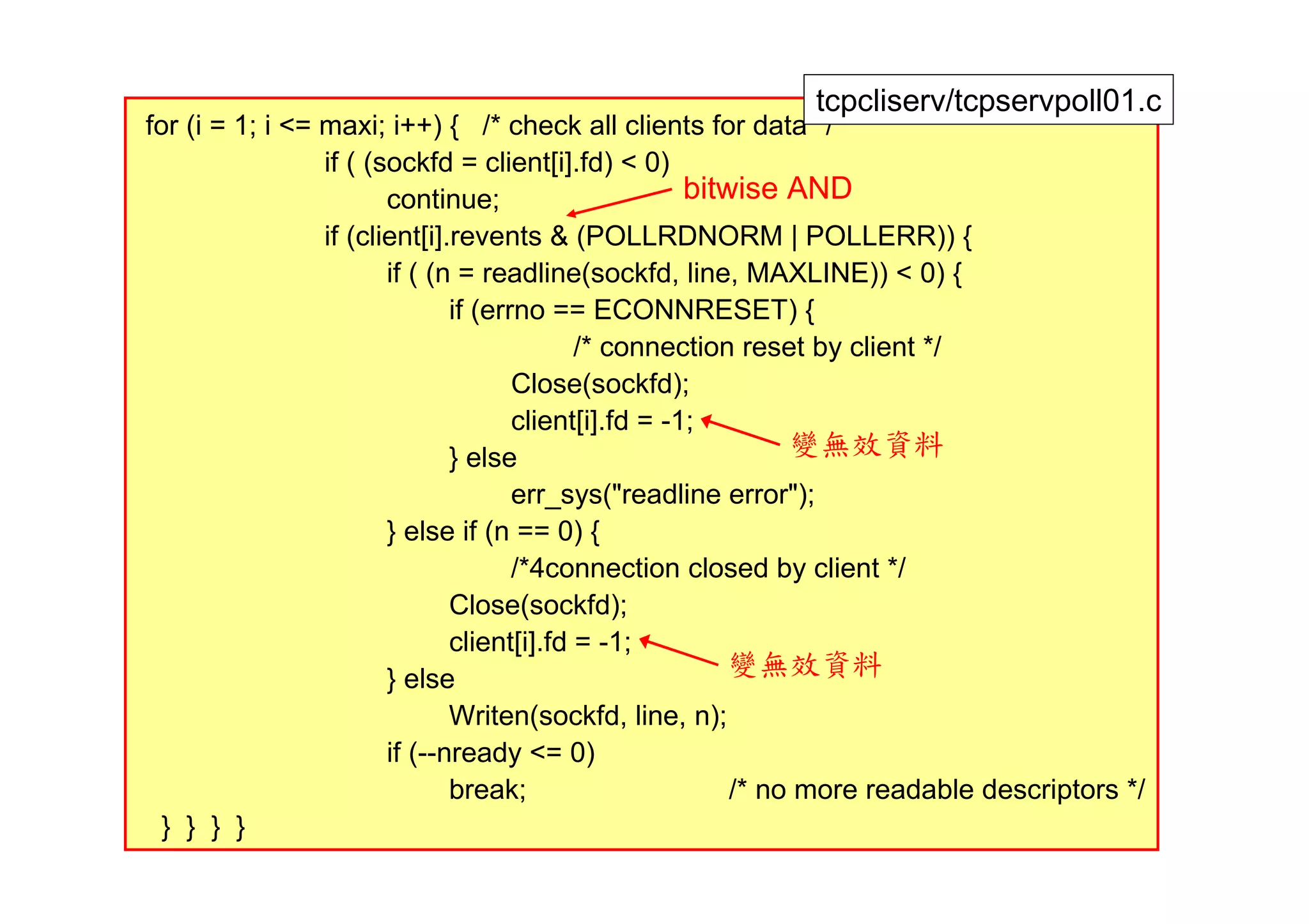 tcpcliserv/tcpservpoll01.c
for (i = 1; i <= maxi; i++) { /* check all clients for data */
                 if ( (sockfd = client[i].fd) < 0)
                        continue;                      bitwise AND
                 if (client[i].revents & (POLLRDNORM | POLLERR)) {
                        if ( (n = readline(sockfd, line, MAXLINE)) < 0) {
                               if (errno == ECONNRESET) {
                                            /* connection reset by client */
                                      Close(sockfd);
                                      client[i].fd = -1;
                               } else                           變無效資料
                                      err_sys("readline error");
                        } else if (n == 0) {
                                      /*4connection closed by client */
                               Close(sockfd);
                               client[i].fd = -1;
                        } else
                                                           變無效資料
                               Writen(sockfd, line, n);
                        if (--nready <= 0)
                               break;                      /* no more readable descriptors */
  } } } }                                                                               43
 