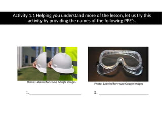 Activity 1.1 Helping you understand more of the lesson, let us try this
activity by providing the names of the following PPE’s.
 