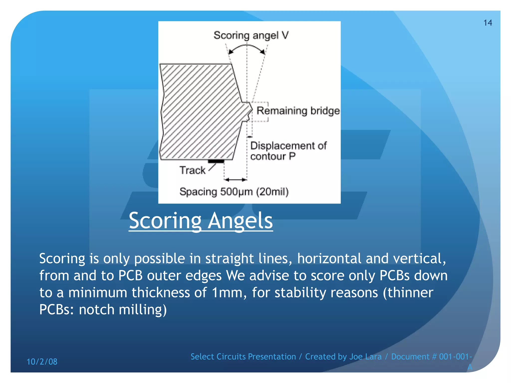 Scoring AngelsScoring is only possible in straight lines, horizontal and vertical, from and to PCB outer edges We advise to score only PCBs down to a minimum thickness of 1mm, for stability reasons (thinner PCBs: notch milling)10/2/08Select Circuits Presentation / Created by Joe Lara / Document # 001-001-A14