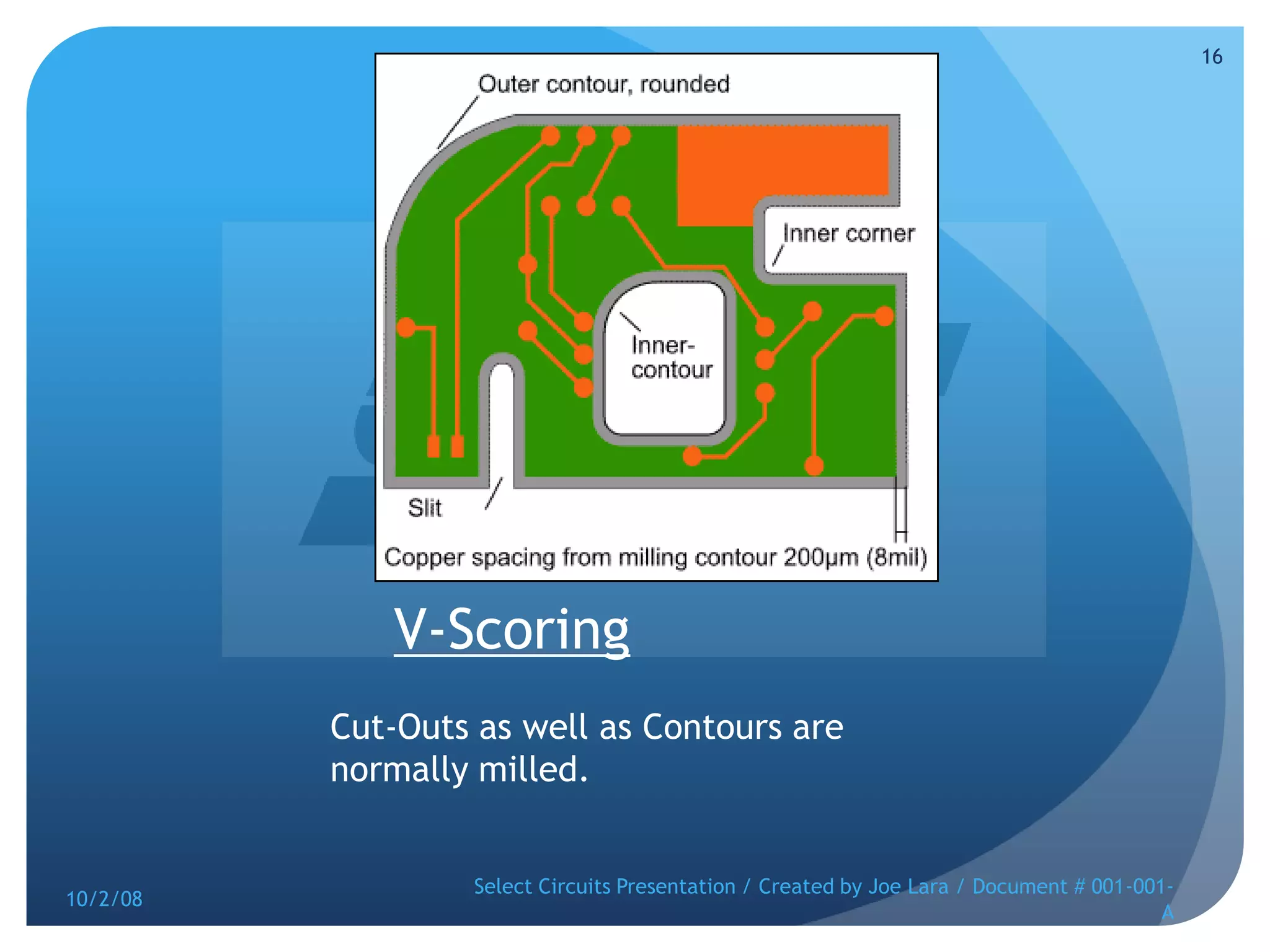 V-ScoringCut-Outs as well as Contours are normally milled.10/2/08Select Circuits Presentation / Created by Joe Lara / Document # 001-001-A16