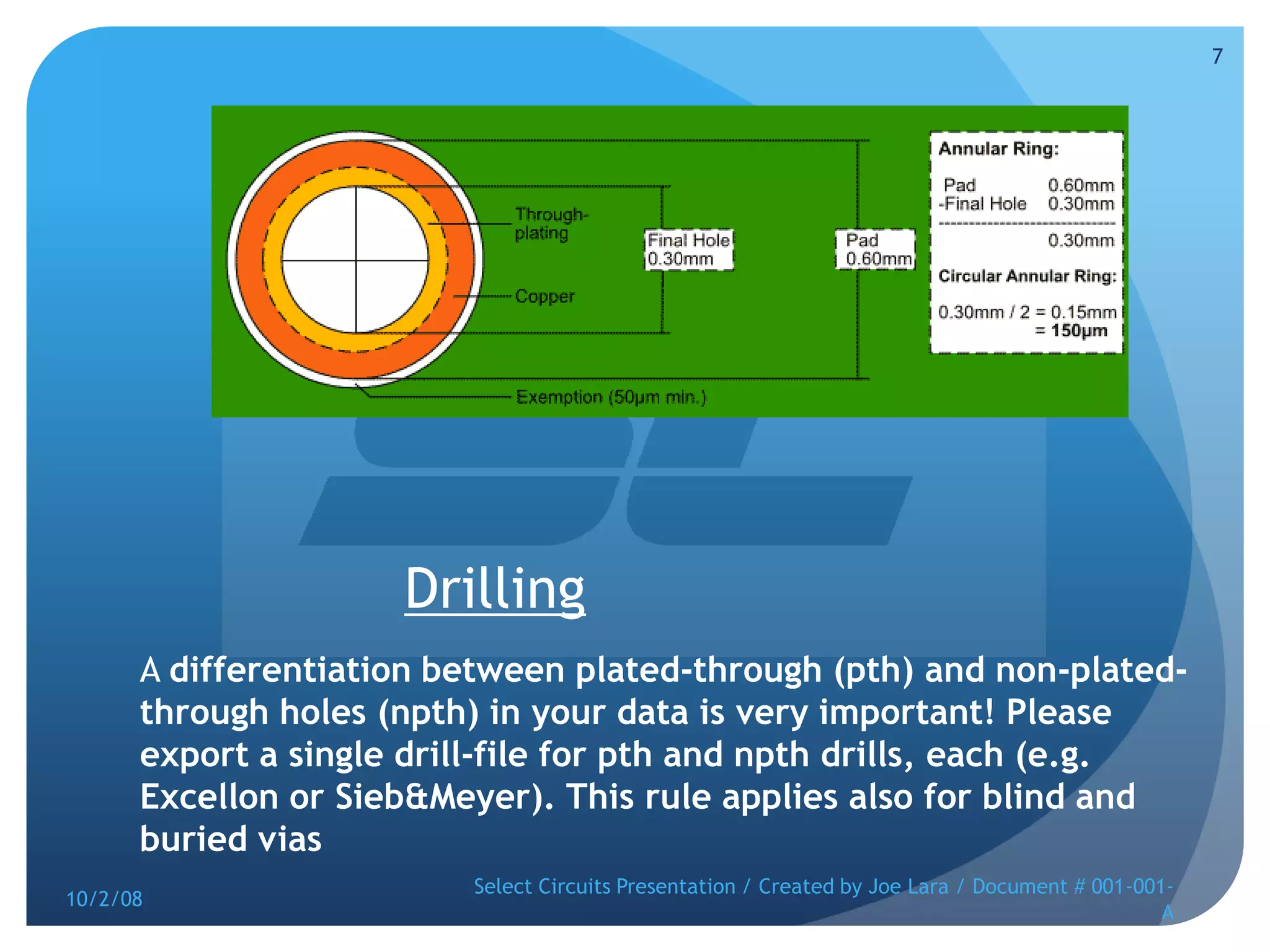DrillingA differentiation between plated-through (pth) and non-plated-through holes (npth) in your data is very important! Please export a single drill-file for pth and npth drills, each (e.g. Excellon or Sieb&Meyer). This rule applies also for blind and buried vias10/2/08Select Circuits Presentation / Created by Joe Lara / Document # 001-001-A7