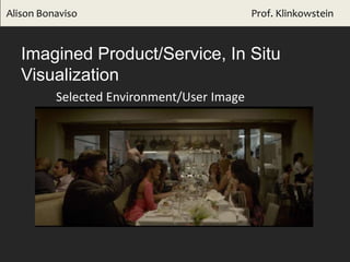 Alison Bonaviso Prof. Klinkowstein
Imagined Product/Service, In Situ
Visualization
Selected Environment/User Image
 