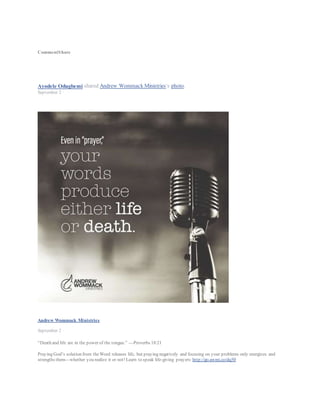 Ayodele Odugbemi
January 28, 2016 ·
Dear All,
Please find below links to useful Christian resources.
http://www.slideshare.net/ayodeleodugbemi/documents
http://www.slideshare.net/ayodeleodugbemi/presentations
Ayodele Odugbemi’s Documents on SlideShare
Read and download documents by Ayodele Odugbemi
SLIDESHARE.NET
LikeShow more reactions
CommentShare
Comments
Write a comment...
Ayodele Odugbemi
December 19 at 10:05am ·
Dear All, please make out time to read Smith Wigglesworth's devotional for today via the link below. It's short
but powerful and very relevant to our journey. It's important we never forget the primary purpose of this
journey despite the various context in which it may be playing out e.g work, family, church, business etc.
While the context may influence our thinking the holy scriptures and the truths and revelations of God's Word
contained in it have to guide our decision making.
https://loccrn.files.wordpress.com/…/smith-wigglesworth-dev…
Ultimately our thoughts should align with Philippians 4:8 - Finally, brethren, whatever things are true,
whatever things are noble, whatever things are just, whatever things are pure, whatever things are lovely,
whatever things are of good report, if there is any virtue and if there is anything praiseworthy—meditate on
these things.
Wishing everyone a Merry Christmas in advance.
Like
Like
 