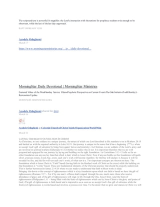 NYPOST.COM
Dear All,
Please read today's devotional via the link below later today and that of Smith Wigglesworth on page 367.
https://www.rhema.org/?option=com_faithfood
https://loccrn.files.wordpress.com/…/smith-wigglesworth-dev…
Kenneth Hagin Ministries
Rhema - Kenneth Hagin Ministries, Rhema Bible Training College, upcoming events, products, teachings and more. Find it all
here.
RHEMA.ORG
Ayodele Odugbemi
August 29 ·
A PERSPECTIVE TO PRAYER FOR CONSIDERATION
Prayer? But why pray? Well, the bible instructs us to pray without ceasing (1st Thessalonians 5:16-18).
Okay… Further, every Christian is engaged in warfare (Ephesians 6:12 – For we do not wrestle against flesh
and blood, but against principalities, against powers, against the rulers of the darkness of this age, against
spiritual host of wickedness in the heavenly places). And our offensive weapon for warfare is the sword of the
spirit (the word of God) which we use through prayer (Ephesians 6: 17-18 – And take the helmet of salvation,
and the sword of the Spirit, which is the word of God; praying always with all prayer and supplication in the
Spirit, being watchful to this end with all perseverance and supplication for all the saints). In addition, through
prayer, we communicate with our Heavenly Father who provides the answer to our prayers (Mathew 7:7-11-
Ask, and it will be given to you; seek, and you will find; knock, and it will be opened to you. For everyone
who asks receives, and he who seeks finds, and to him who knocks it will be opened. Or what man is there
among you who, if his son asks for bread, will give him a stone? Or if he asks for a fish, will he give him a
serpent? If you then being evil, know how to give good gifts to your children, how much more will your Father
who is in heaven give good things to those who asks Him!)
Now we know why we should pray and who we expect to answer our prayers let’s now take a look at the
preconditions for our prayers to be acceptable and answered by God. First and foremost our prayers have to be
in line with the will of God which is the Word of God (James 4:3 – You ask and do not receive, because you
ask amiss, that you may spend it on your pleasures). Secondly, it should have the required measure of faith
(Mathew 8:26 – But He said to them, “Why are you fearful, O you of little faith?” Then He arose and rebuked
the winds and the sea. And there was a great calm.) And we know that faith cometh by hearing and hearing by
the word of God (Rom 10:17). It also has to be motivated by love (1st Corinthians 13:1-8). Whatever we do
outside of love cannot be the will of God for us for God is love (1st John 4:8).
Now an important and reoccurring theme in our prayer closet as Christians is “the enemy”. While I agree that
we do sometimes have human beings who are our “enemies” the real enemy is Satan (Ephesians 6:12).
 