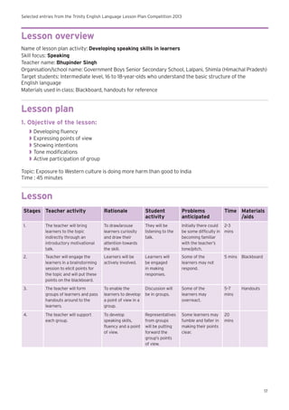 Selected entries from the Trinity English Language Lesson Plan Competition 2013
17
Lesson overview
Name of lesson plan activity: Developing speaking skills in learners
Skill focus: Speaking
Teacher name: Bhupinder Singh
Organisation/school name: Government Boys Senior Secondary School, Lalpani, Shimla (Himachal Pradesh)
Target students: Intermediate level, 16 to 18-year-olds who understand the basic structure of the
English language
Materials used in class: Blackboard, handouts for reference
Lesson plan
1. Objective of the lesson:
◗◗ Developing fluency
◗◗ Expressing points of view
◗◗ Showing intentions
◗◗ Tone modifications
◗◗ Active participation of group
Topic: Exposure to Western culture is doing more harm than good to India
Time : 45 minutes
Lesson
Stages Teacher activity Rationale Student
activity
Problems
anticipated
Time Materials
/aids
1. The teacher will bring
learners to the topic
indirectly through an
introductory motivational
talk.
To draw/arouse
learners curiosity
and draw their
attention towards
the skill.
They will be
listening to the
talk.
Initially there could
be some difficulty in
becoming familiar
with the teacher’s
tone/pitch.
2–3
mins
2. Teacher will engage the
learners in a brainstorming
session to elicit points for
the topic and will put these
points on the blackboard.
Learners will be
actively involved.
Learners will
be engaged
in making
responses.
Some of the
learners may not
respond.
5 mins Blackboard
3. The teacher will form
groups of learners and pass
handouts around to the
learners.
To enable the
learners to develop
a point of view in a
group.
Discussion will
be in groups.
Some of the
learners may
overreact.
5–7
mins
Handouts
4. The teacher will support
each group.
To develop
speaking skills,
fluency and a point
of view.
Representatives
from groups
will be putting
forward the
group’s points
of view.
Some learners may
fumble and falter in
making their points
clear.
20
mins
 