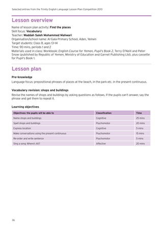 Selected entries from the Trinity English Language Lesson Plan Competition 2013
36
Lesson overview
Name of lesson plan activity: Find the places
Skill focus: Vocabulary
Teacher: Waddah Saleh Mohammed Mahwari
Organisation/school name: Al-Gala Primary School, Aden, Yemen
Target students: Class 8, ages 13–14
Time: 90 mins, periods 1 and 2
Materials used in class: Workbook: English Course for Yemen, Pupil’s Book 2, Terry O’Neill and Peter
Snow (published by Republic of Yemen, Ministry of Education and Garnet Publishing Ltd), plus cassette
for Pupil’s Book 1.
Lesson plan
Pre-knowledge
Language focus: prepositional phrases of places at the beach, in the park etc. in the present continuous.
Vocabulary revision: shops and buildings
Revise the names of shops and buildings by asking questions as follows. If the pupils can’t answer, say the
phrase and get them to repeat it.
Learning objectives
Objectives: the pupils will be able to Classification Time
Name shops and buildings Cognitive 25 mins
Spell shops and buildings Psychomotor 20 mins
Express location Cognitive 5 mins
Make conversations using the present continuous Psychomotor 15 mins
Re-order and write sentence Psychomotor 5 mins
Sing a song: Where’s Ali? Affective 20 mins
 