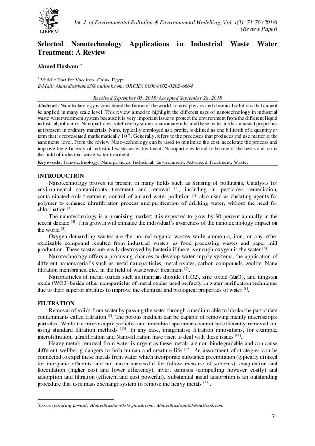 Selected nanotechnology applications in industrial waste water ...