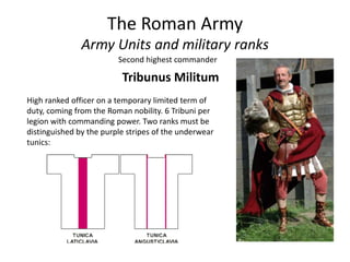 The Roman Army
Army Units and military ranks
Second highest commander
Tribunus Militum
High ranked officer on a temporary limited term of
duty, coming from the Roman nobility. 6 Tribuni per
legion with commanding power. Two ranks must be
distinguished by the purple stripes of the underwear
tunics:
 