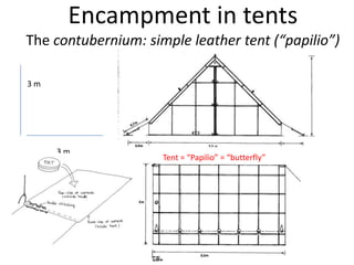 Encampment in tents
The contubernium: simple leather tent (“papilio”)
3 m
3 m
Tent = “Papilio” = “butterfly”
 