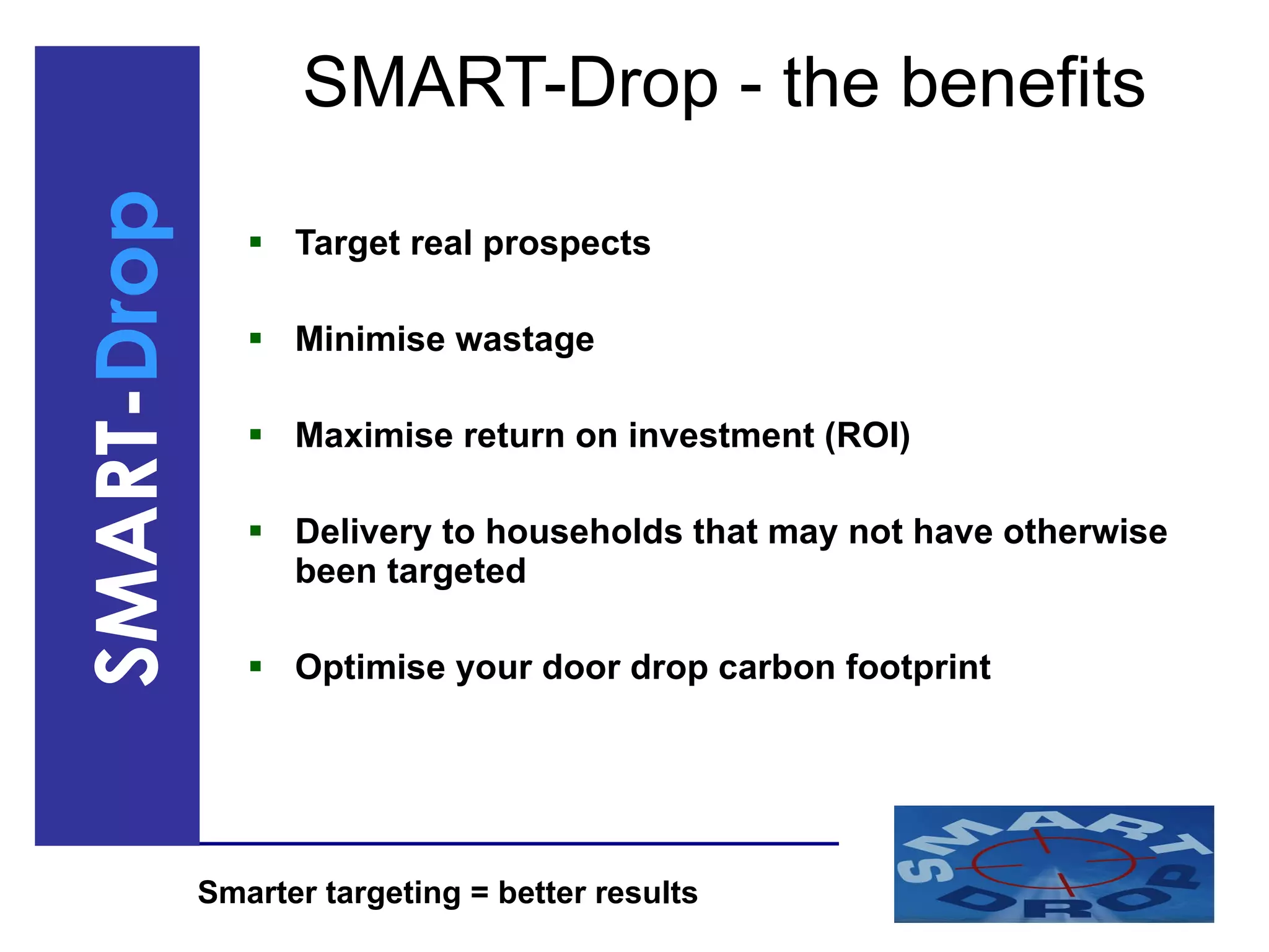 SMART-Drop - the benefits Target real prospects Minimise wastage Maximise return on investment (ROI) Delivery to households that may not have otherwise been targeted Optimise your door drop carbon footprint 