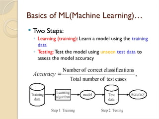 Basics of ML(Machine Learning)…
 Two Steps:
◦ Learning (training): Learn a model using the training
data
◦ Testing: Test the model using unseen test data to
assess the model accuracy
,
cases
test
of
number
Total
tions
classifica
correct
of
Number

Accuracy
 