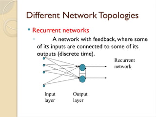 Different Network Topologies
 Recurrent networks
◦ A network with feedback, where some
of its inputs are connected to some of its
outputs (discrete time).
Input Output
layer layer
Recurrent
network
 