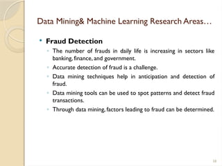 58
Data Mining& Machine Learning Research Areas…
 Fraud Detection
◦ The number of frauds in daily life is increasing in sectors like
banking, finance, and government.
◦ Accurate detection of fraud is a challenge.
◦ Data mining techniques help in anticipation and detection of
fraud.
◦ Data mining tools can be used to spot patterns and detect fraud
transactions.
◦ Through data mining, factors leading to fraud can be determined.
 