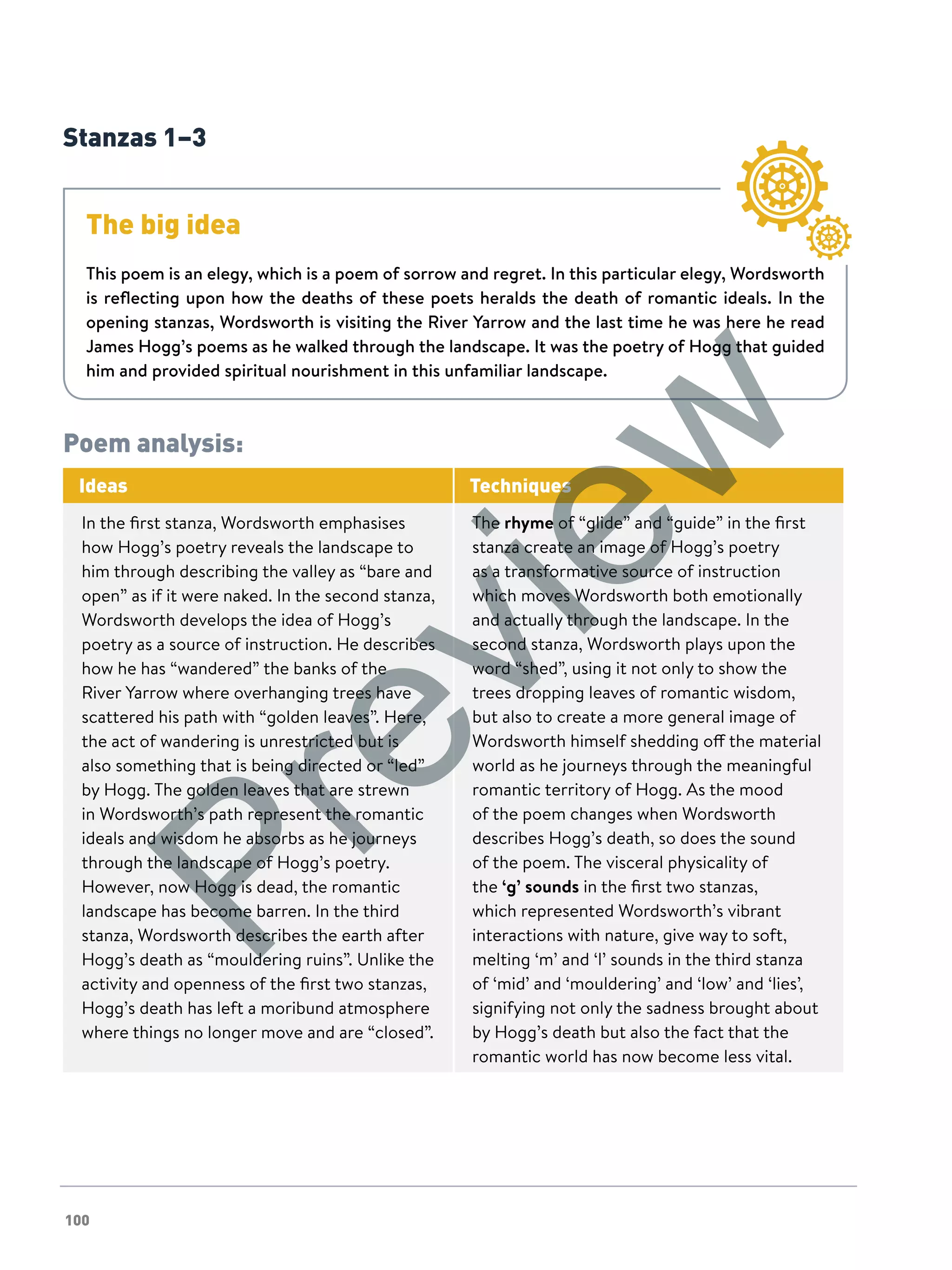 100
Stanzas 1–3
The big idea
This poem is an elegy, which is a poem of sorrow and regret. In this particular elegy, Wordsworth
is reflecting upon how the deaths of these poets heralds the death of romantic ideals. In the
opening stanzas, Wordsworth is visiting the River Yarrow and the last time he was here he read
James Hogg’s poems as he walked through the landscape. It was the poetry of Hogg that guided
him and provided spiritual nourishment in this unfamiliar landscape.
Poem analysis:
Ideas Techniques
In the first stanza, Wordsworth emphasises
how Hogg’s poetry reveals the landscape to
him through describing the valley as “bare and
open” as if it were naked. In the second stanza,
Wordsworth develops the idea of Hogg’s
poetry as a source of instruction. He describes
how he has “wandered” the banks of the
River Yarrow where overhanging trees have
scattered his path with “golden leaves”. Here,
the act of wandering is unrestricted but is
also something that is being directed or “led”
by Hogg. The golden leaves that are strewn
in Wordsworth’s path represent the romantic
ideals and wisdom he absorbs as he journeys
through the landscape of Hogg’s poetry.
However, now Hogg is dead, the romantic
landscape has become barren. In the third
stanza, Wordsworth describes the earth after
Hogg’s death as “mouldering ruins”. Unlike the
activity and openness of the first two stanzas,
Hogg’s death has left a moribund atmosphere
where things no longer move and are “closed”.
The rhyme of “glide” and “guide” in the first
stanza create an image of Hogg’s poetry
as a transformative source of instruction
which moves Wordsworth both emotionally
and actually through the landscape. In the
second stanza, Wordsworth plays upon the
word “shed”, using it not only to show the
trees dropping leaves of romantic wisdom,
but also to create a more general image of
Wordsworth himself shedding off the material
world as he journeys through the meaningful
romantic territory of Hogg. As the mood
of the poem changes when Wordsworth
describes Hogg’s death, so does the sound
of the poem. The visceral physicality of
the ‘g’ sounds in the first two stanzas,
which represented Wordsworth’s vibrant
interactions with nature, give way to soft,
melting ‘m’ and ‘l’ sounds in the third stanza
of ‘mid’ and ‘mouldering’ and ‘low’ and ‘lies’,
signifying not only the sadness brought about
by Hogg’s death but also the fact that the
romantic world has now become less vital.
Preview
 