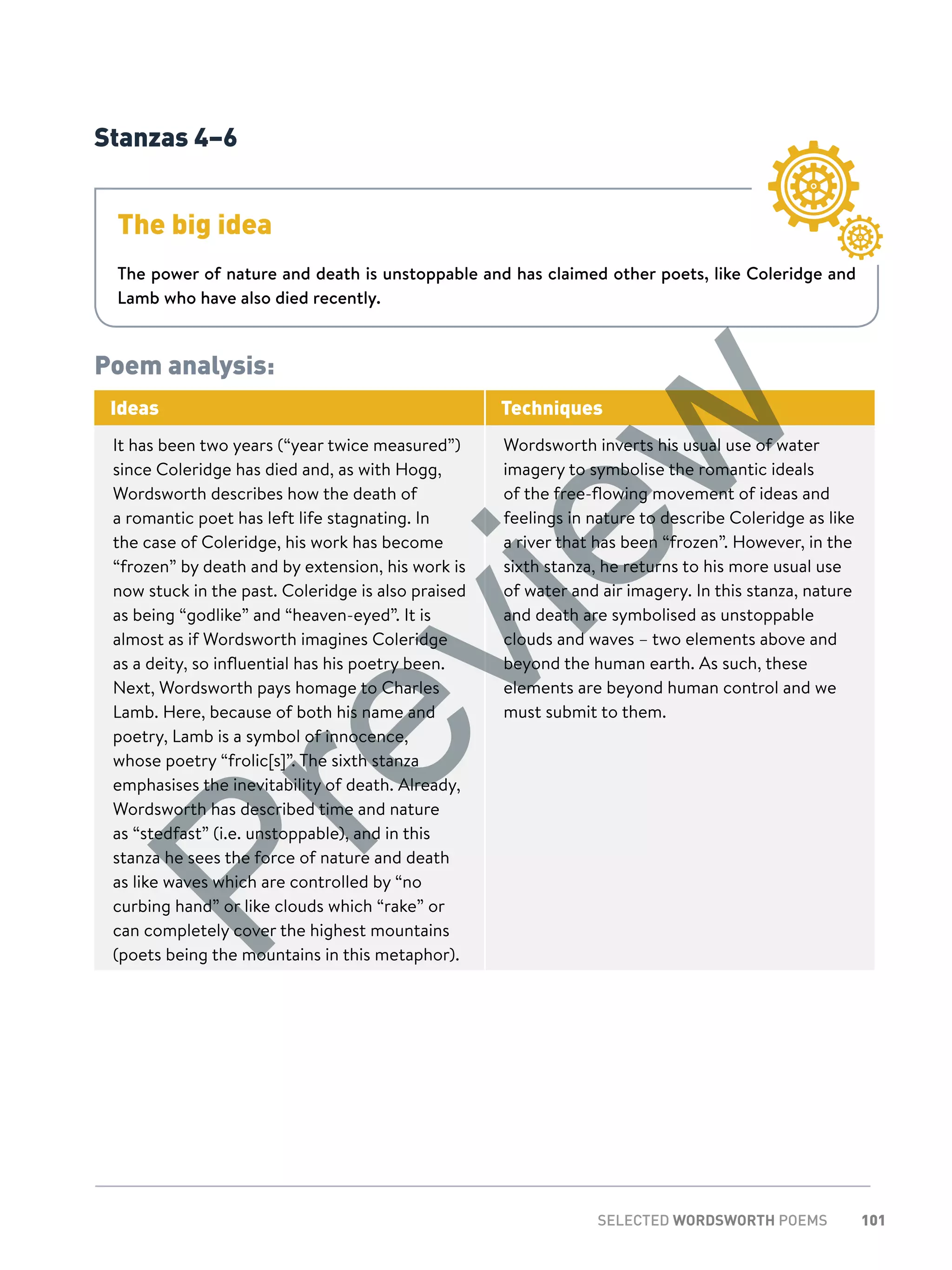 101SELECTED WORDSWORTH POEMS
Stanzas 4–6
The big idea
The power of nature and death is unstoppable and has claimed other poets, like Coleridge and
Lamb who have also died recently.
Poem analysis:
Ideas Techniques
It has been two years (“year twice measured”)
since Coleridge has died and, as with Hogg,
Wordsworth describes how the death of
a romantic poet has left life stagnating. In
the case of Coleridge, his work has become
“frozen” by death and by extension, his work is
now stuck in the past. Coleridge is also praised
as being “godlike” and “heaven-eyed”. It is
almost as if Wordsworth imagines Coleridge
as a deity, so influential has his poetry been.
Next, Wordsworth pays homage to Charles
Lamb. Here, because of both his name and
poetry, Lamb is a symbol of innocence,
whose poetry “frolic[s]”. The sixth stanza
emphasises the inevitability of death. Already,
Wordsworth has described time and nature
as “stedfast” (i.e. unstoppable), and in this
stanza he sees the force of nature and death
as like waves which are controlled by “no
curbing hand” or like clouds which “rake” or
can completely cover the highest mountains
(poets being the mountains in this metaphor).
Wordsworth inverts his usual use of water
imagery to symbolise the romantic ideals
of the free-flowing movement of ideas and
feelings in nature to describe Coleridge as like
a river that has been “frozen”. However, in the
sixth stanza, he returns to his more usual use
of water and air imagery. In this stanza, nature
and death are symbolised as unstoppable
clouds and waves – two elements above and
beyond the human earth. As such, these
elements are beyond human control and we
must submit to them.
Preview
 